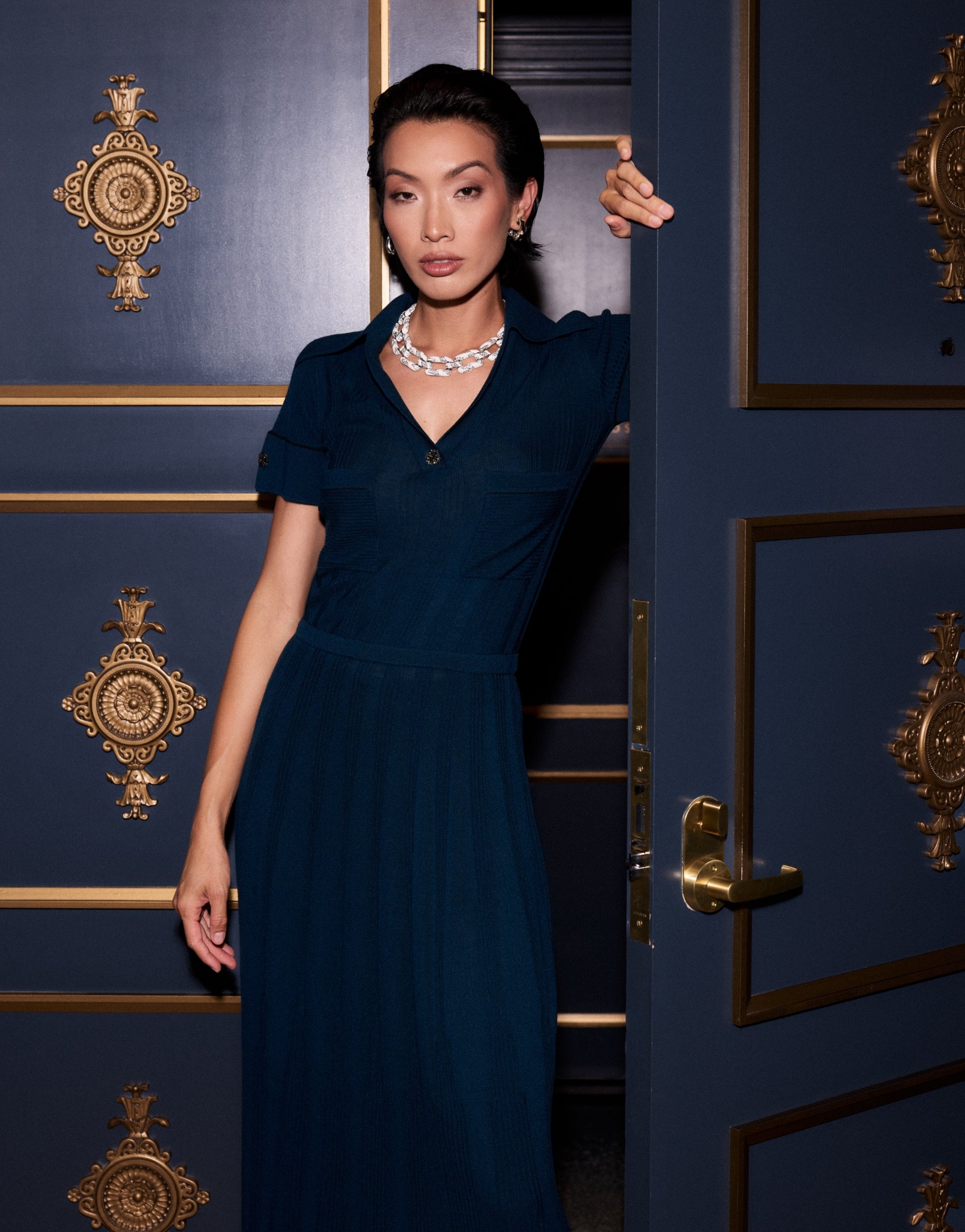 Woman wearing St John Knits Resort 2025 blue wool dress