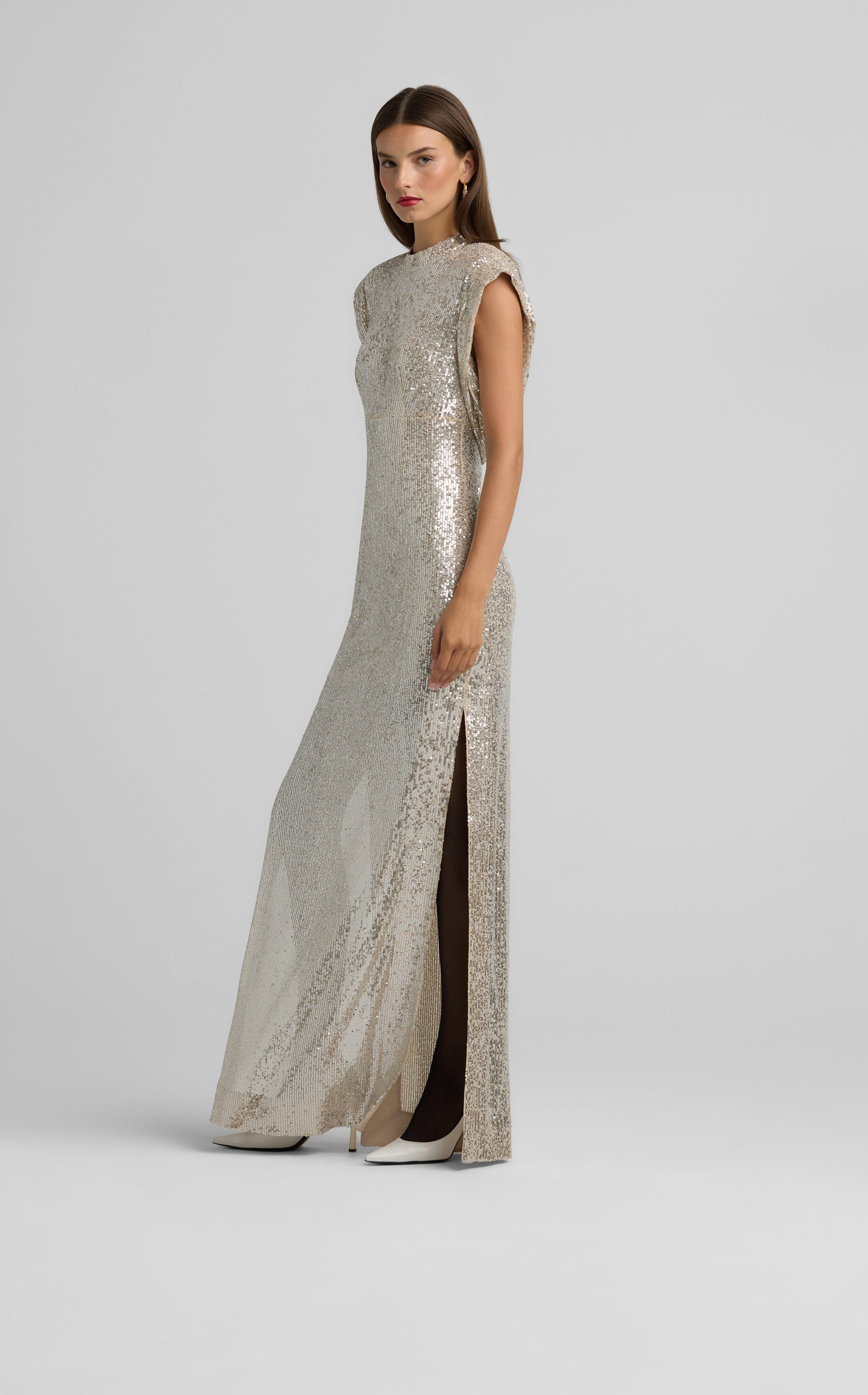 Cap Sleeve Sequin Draped Gown